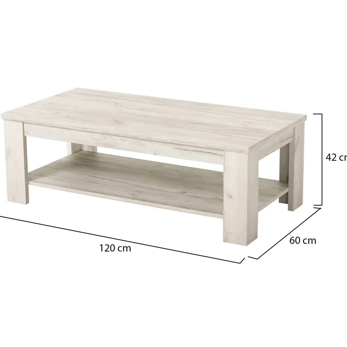 Tavolini Da Salotto > Dmora Tavolino da Salotto un Vano Forma Rettangolare 120x60x41.5h cm, Sfumatura Colore Ripiano Larice - Front Bianco Larice