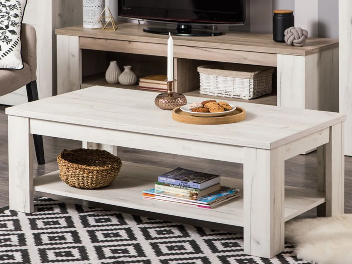 Tavolini Da Salotto > Dmora Tavolino da Salotto un Vano Forma Rettangolare 120x60x41.5h cm, Sfumatura Colore Ripiano Larice - Front Bianco Larice