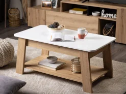 Tavolino da Salotto Bianco Lucido Marrone Rovere Nodi un Vano Forma Rettangolare 101x54.5x46.5h cm, Colore Ripiano Bianco - Casaglia