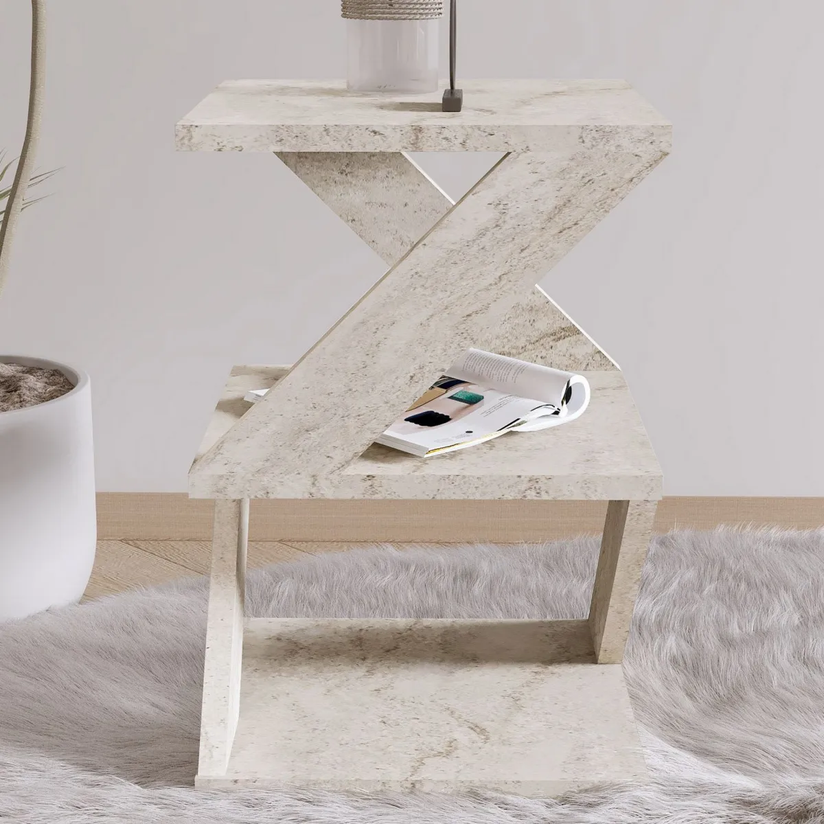Tavolini Da Salotto > Dmora Tavolino da Salotto 2 Vani Forma Quadrato 30x30x54h cm, Sfumatura Colore Ripiano Marmo - Dovera Bianco Marmo