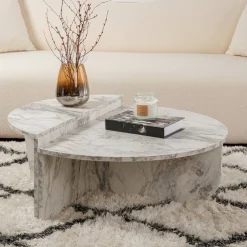 Tavolini Da Salotto > Dmora Tavolino da Salotto Forma Rotondo Materiale Piano in Legno Nobilitato 90x90x40h cm, Colore Ripiano Bianco - Simbario Bianco Marmo
