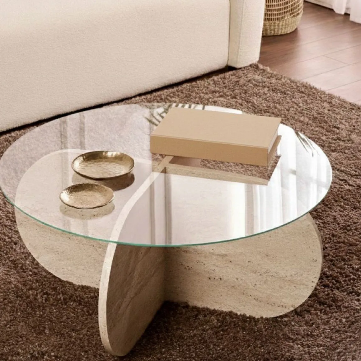 Tavolino da Salotto Bianco Marmo Forma Rotondo Materiale Piano in Vetro 75x75x35h cm, Colore Ripiano Trasparente - Cugnoli