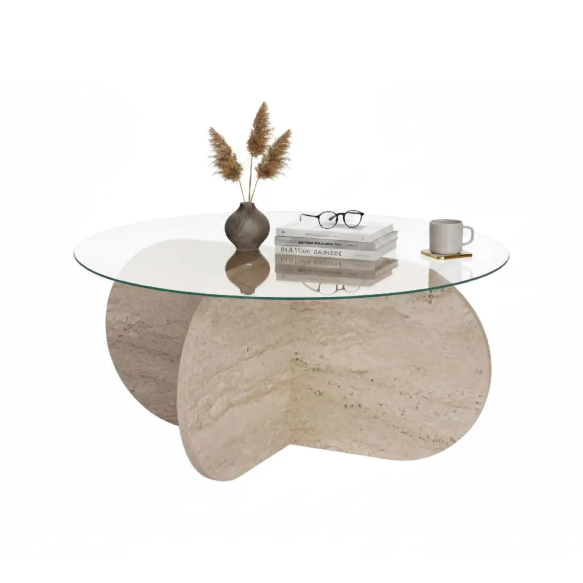 Tavolino da Salotto Bianco Marmo Forma Rotondo Materiale Piano in Vetro 75x75x35h cm, Colore Ripiano Trasparente - Cugnoli