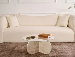 Tavolino da Salotto Bianco Marmo Forma Rotondo Materiale Piano in Vetro 75x75x35h cm, Colore Ripiano Trasparente - Cugnoli