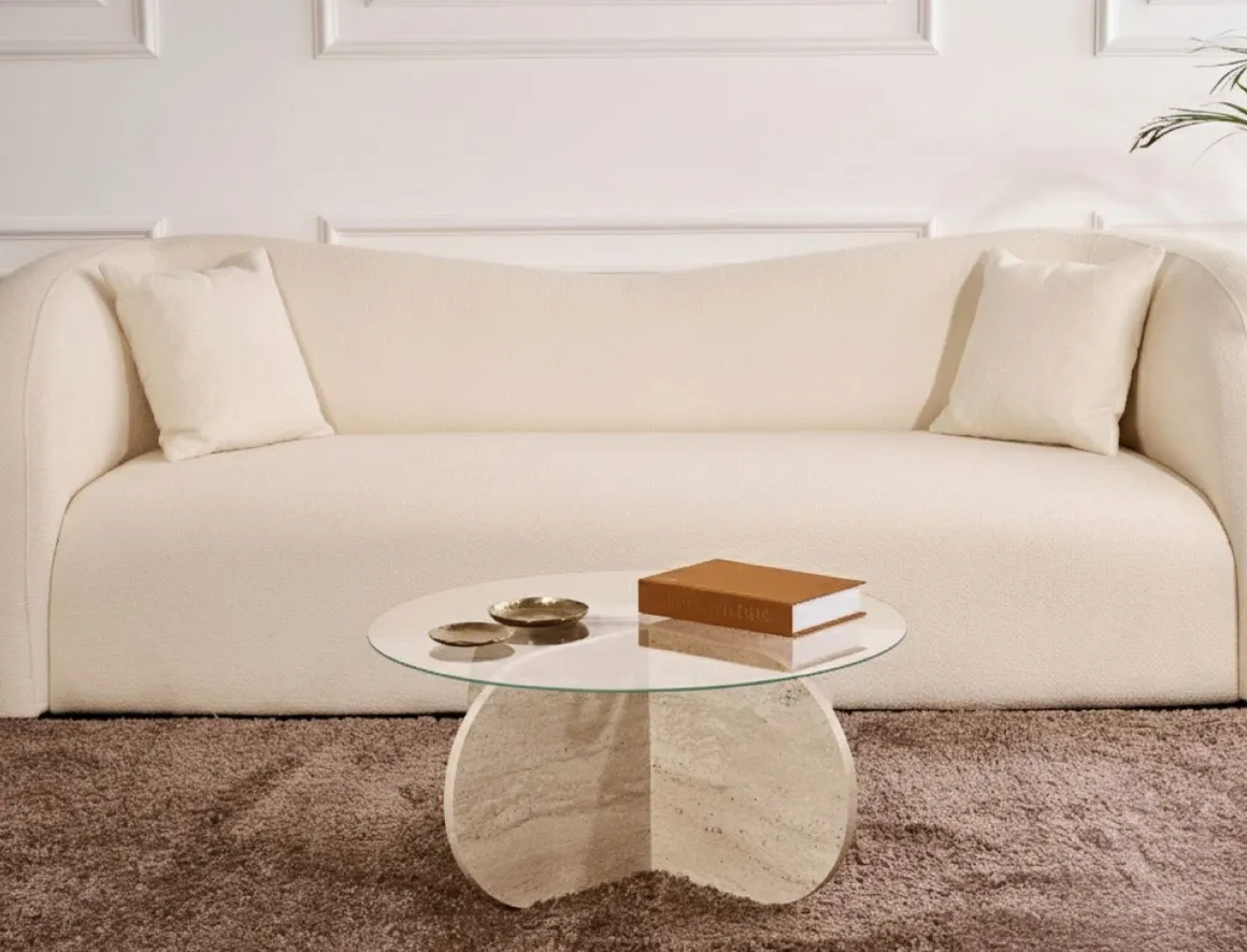 Tavolino da Salotto Bianco Marmo Forma Rotondo Materiale Piano in Vetro 75x75x35h cm, Colore Ripiano Trasparente - Cugnoli
