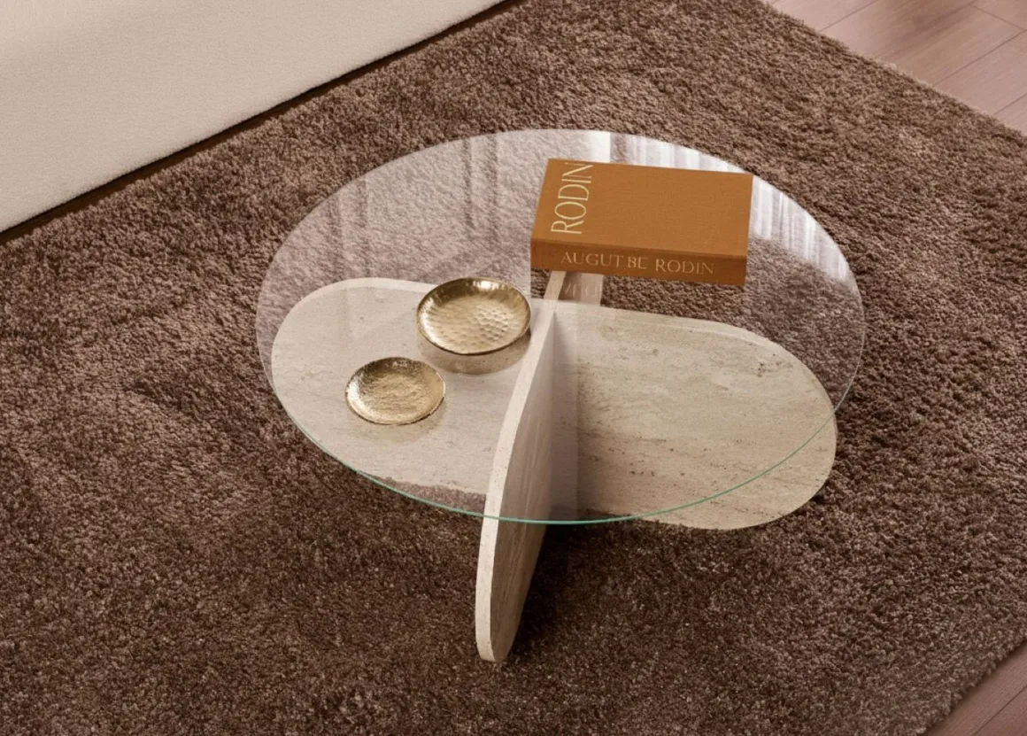 Tavolino da Salotto Bianco Marmo Forma Rotondo Materiale Piano in Vetro 75x75x35h cm, Colore Ripiano Trasparente - Cugnoli