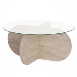 Tavolino da Salotto Bianco Marmo Forma Rotondo Materiale Piano in Vetro 75x75x35h cm, Colore Ripiano Trasparente - Cugnoli