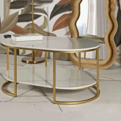 Tavolini Da Salotto > Dmora Tavolino da Salotto Bianco Marmo oro Forma Rettangolare Colore Ripiano Bianco 90x90x50h cm, Materiale Struttura in Metallo - Fabara Oro, Bianco Marmo