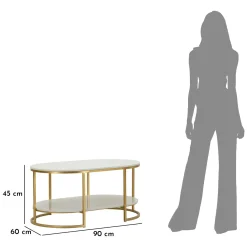 Tavolino da Salotto Bianco Marmo oro Forma Ovale Colore Ripiano Bianco 90x60x45h cm, Materiale Struttura in Metallo - Bafarane