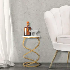 Tavolini Da Salotto > Dmora Tavolino da Salotto Bianco Marmo oro Forma Rotondo Colore Ripiano Bianco 38x38x60h cm, Materiale Struttura in Plastica - Fanise Oro, Bianco Marmo