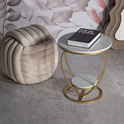 Tavolini Da Salotto > Dmora Tavolino da Salotto Bianco Marmo oro set da 2, Ripiano Effetto Marmo Forma Rotondo 46x46x55h cm, Colore Ripiano Bianco - Alexan Oro, Bianco Marmo