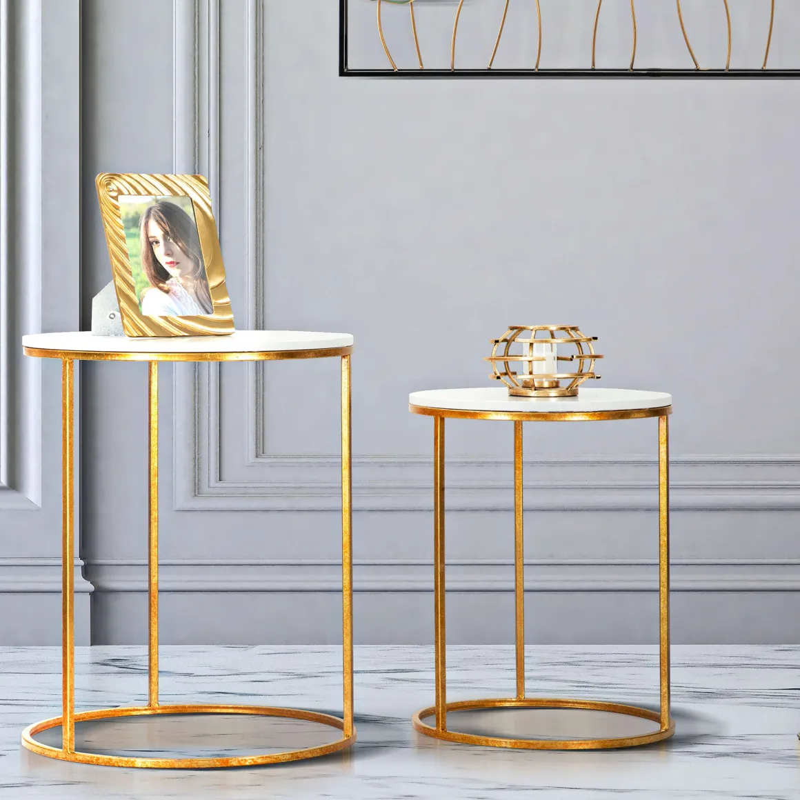 Tavolini Da Salotto > Dmora Tavolino da Salotto Bianco Marmo oro un Cassetto set da 2 Componibile 70x70x48h cm, Forma Quadrato - Davarere Oro, Bianco Marmo