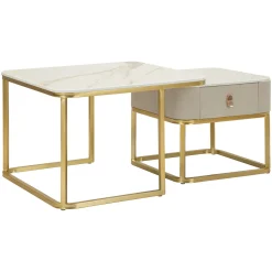 Tavolini Da Salotto > Dmora Tavolino da Salotto Bianco Marmo oro un Cassetto set da 2 Componibile 70x70x48h cm, Forma Quadrato - Davarere Oro, Bianco Marmo