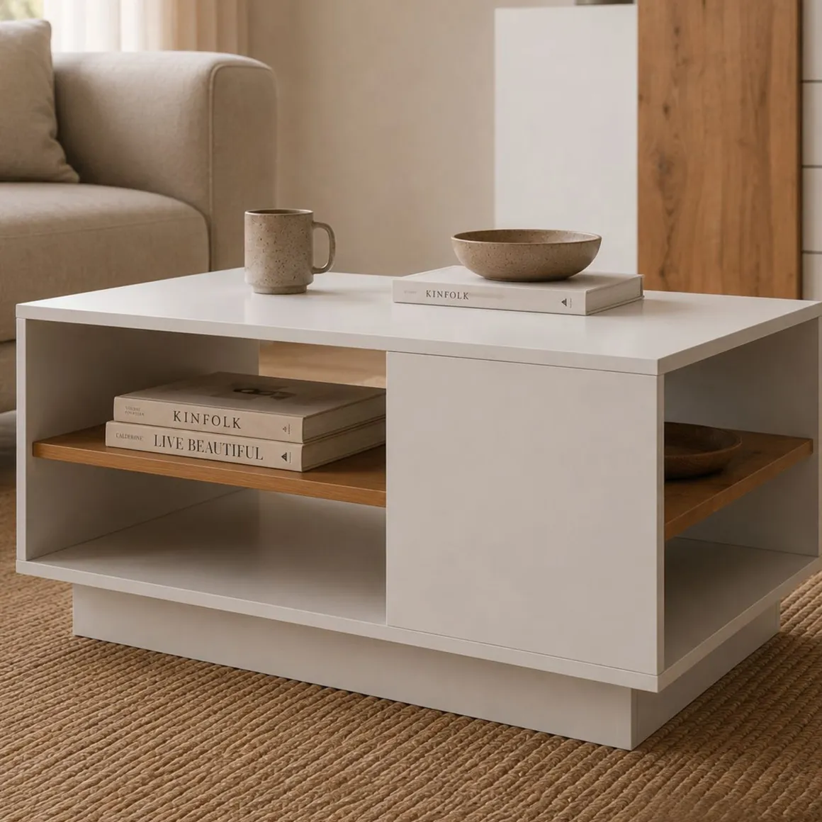 Tavolino da Salotto Bianco Marrone Rovere 2 Vani Forma Rettangolare 100x46x60h cm, Colore Ripiano Bianco - Karada