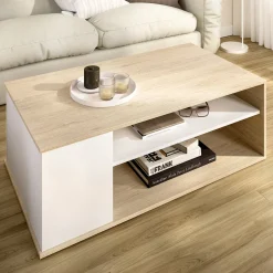 Tavolini Da Salotto > Dmora Tavolino da Salotto Bianco Marrone Rovere Nodi Piano Elevabile Contenitore un Vano 100x45x50h cm, Piano Sollevabile - Almas Marrone, Bianco Rovere Nodi