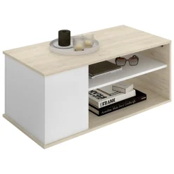 Tavolini Da Salotto > Dmora Tavolino da Salotto Bianco Marrone Rovere Nodi Piano Elevabile Contenitore un Vano 100x45x50h cm, Piano Sollevabile - Almas Marrone, Bianco Rovere Nodi