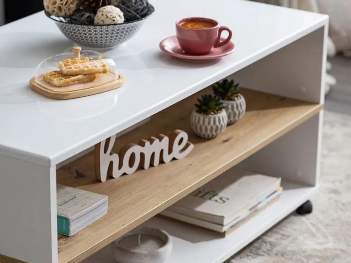 Tavolino da Salotto Bianco Marrone Rovere Nodi con Ruote 2 Vani 101x54.5x47.5h cm, Forma Rettangolare - Erice