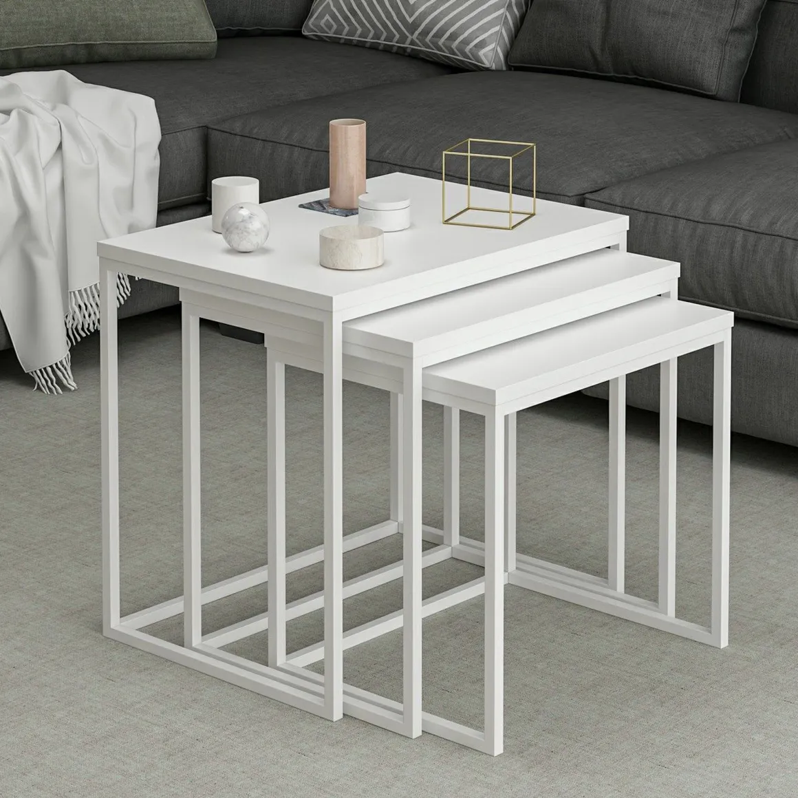 Tavolini Da Salotto > Dmora Tavolino da Salotto Modulabile Forma Rettangolare 80x80x30h cm, Materiale Piano in Vetro - Pagliara Bianco