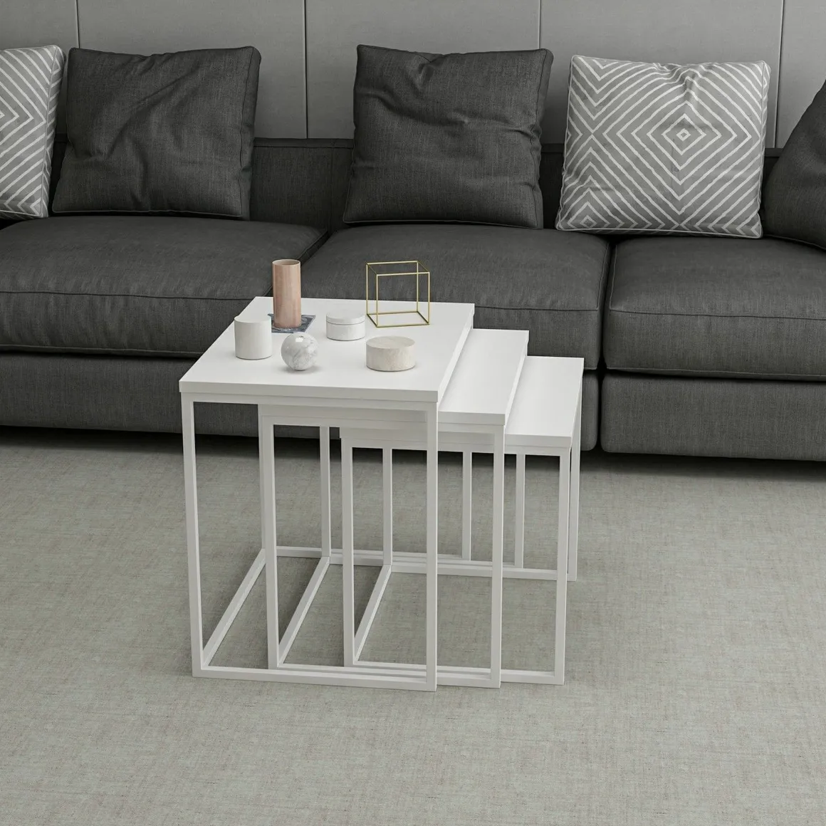 Tavolini Da Salotto > Dmora Tavolino da Salotto Modulabile Forma Rettangolare 80x80x30h cm, Materiale Piano in Vetro - Pagliara Bianco
