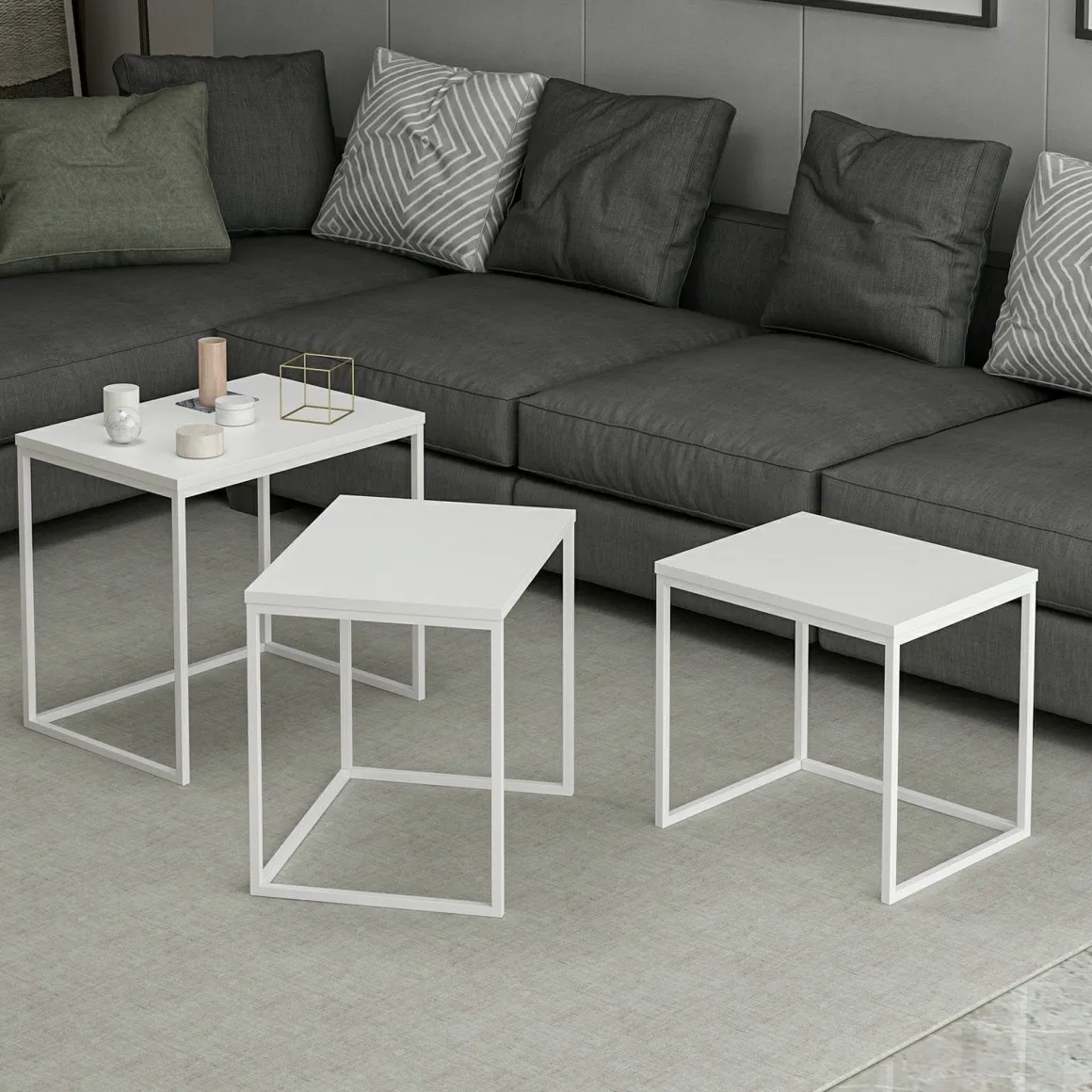 Tavolini Da Salotto > Dmora Tavolino da Salotto Modulabile Forma Rettangolare 80x80x30h cm, Materiale Piano in Vetro - Pagliara Bianco