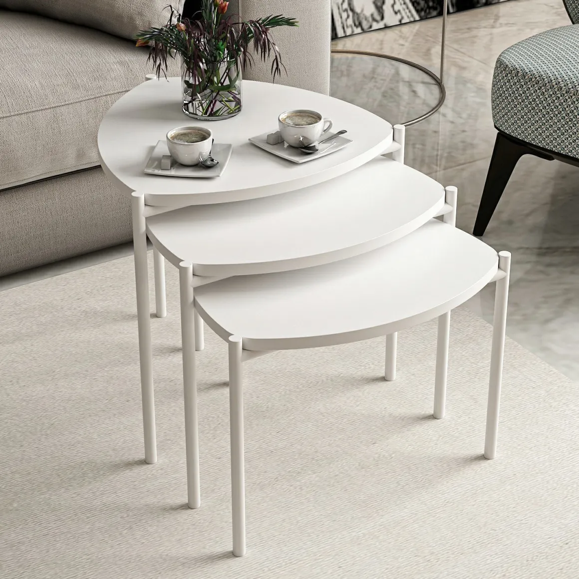 Tavolino da Salotto Bianco Modulabile Forma Triangolare 45x45x45h cm, Materiale Piano in Legno Nobilitato - Carro