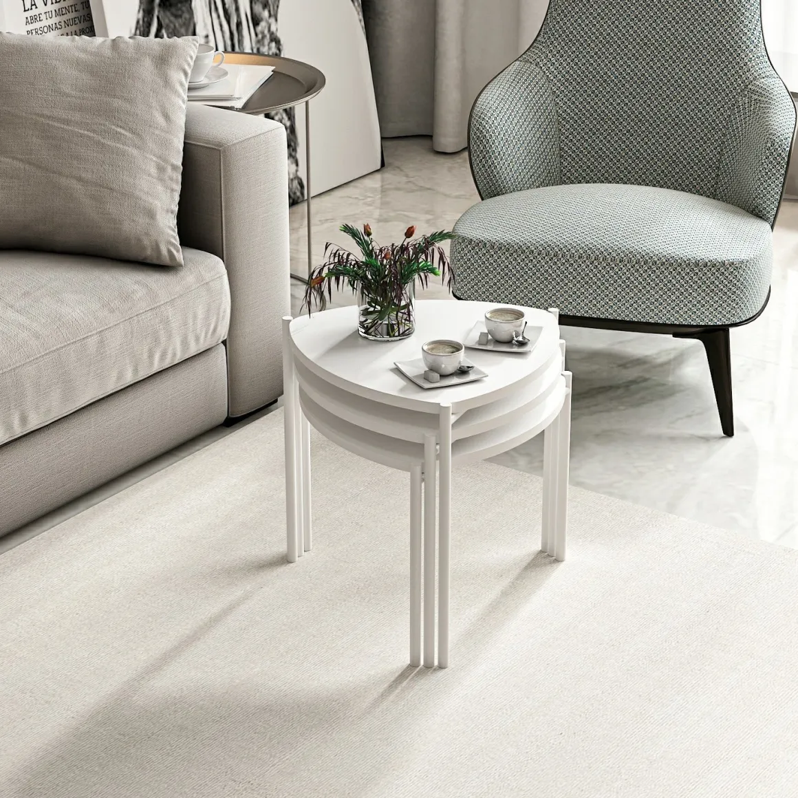 Tavolino da Salotto Bianco Modulabile Forma Triangolare 45x45x45h cm, Materiale Piano in Legno Nobilitato - Carro