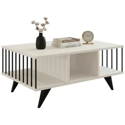 Tavolino da Salotto Bianco Nero con Piedini 3 Vani 90x60x40h cm, Forma Rettangolare - Dogliani