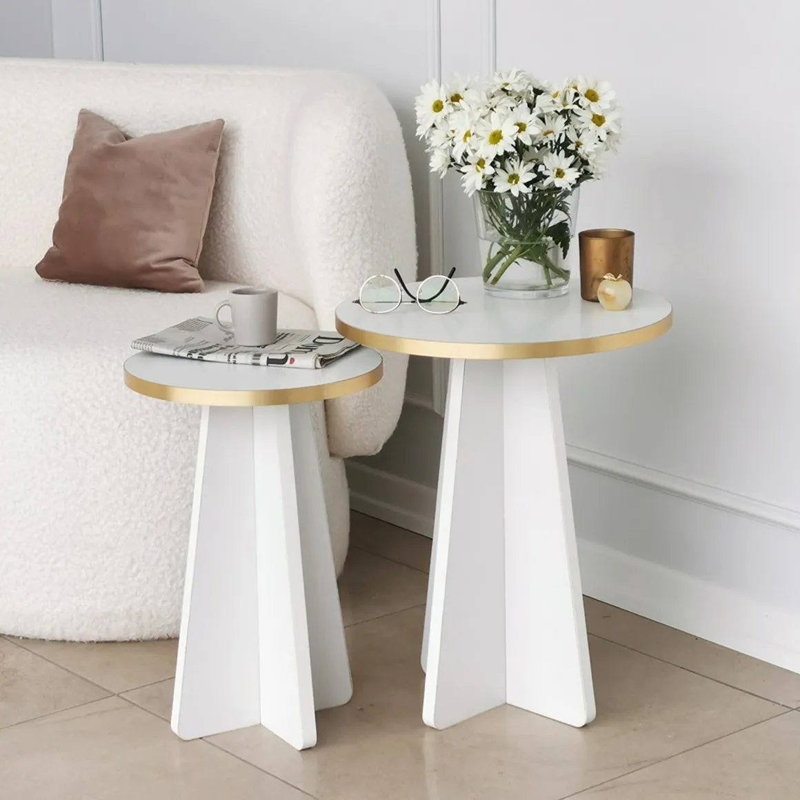 Tavolino da Salotto Bianco oro Modulabile Forma Rotondo 40x40x50h cm, Colore Struttura oro - Cardito