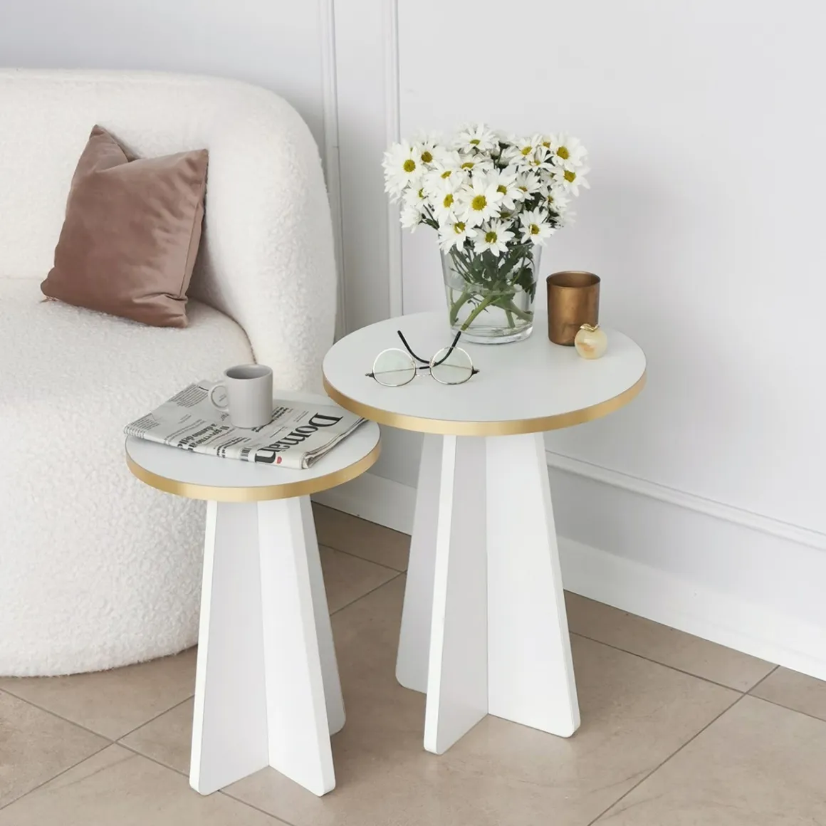 Tavolino da Salotto Bianco oro Modulabile Forma Rotondo 40x40x50h cm, Colore Struttura oro - Cardito
