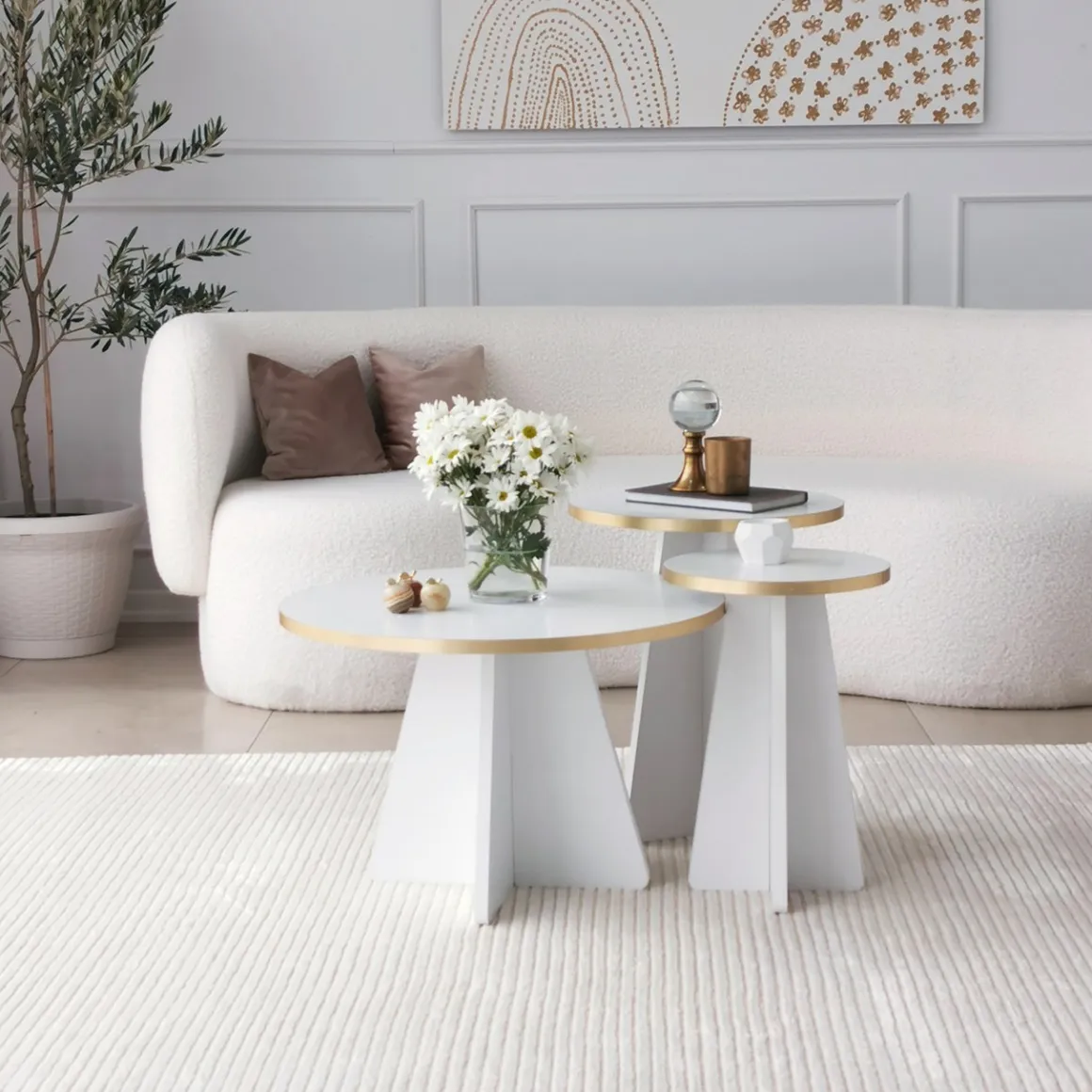 Tavolino da Salotto Bianco oro Modulabile Forma Rotondo 40x40x50h cm, Colore Struttura oro - Cardito
