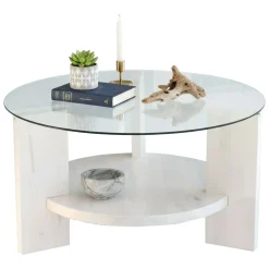 Tavolino da Salotto Bianco Portariviste Forma Rotonda 75x75x40h cm, Materiale Piano in Vetro - Felino