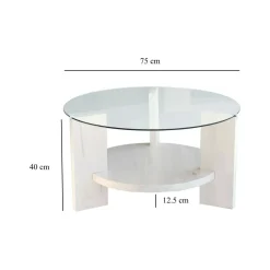 Tavolino da Salotto Bianco Portariviste Forma Rotonda 75x75x40h cm, Materiale Piano in Vetro - Felino
