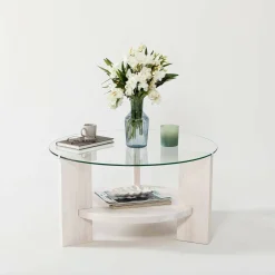 Tavolino da Salotto Bianco Portariviste Forma Rotonda 75x75x40h cm, Materiale Piano in Vetro - Felino