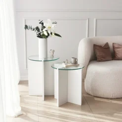 Tavolini Da Salotto > Dmora Tavolino da Salotto set 2 Pezzi Vetro Temperato Forma Rotondo 70x70x38h cm, Materiale Piano in Vetro - Genga Bianco