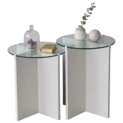 Tavolini Da Salotto > Dmora Tavolino da Salotto set 2 Pezzi Vetro Temperato Forma Rotondo 70x70x38h cm, Materiale Piano in Vetro - Genga Bianco