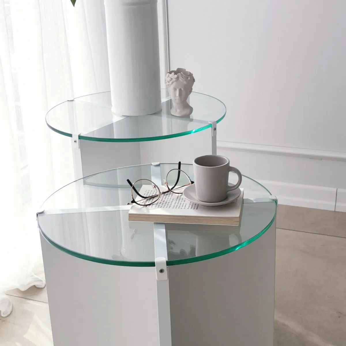 Tavolini Da Salotto > Dmora Tavolino da Salotto set 2 Pezzi Vetro Temperato Forma Rotondo 70x70x38h cm, Materiale Piano in Vetro - Genga Bianco