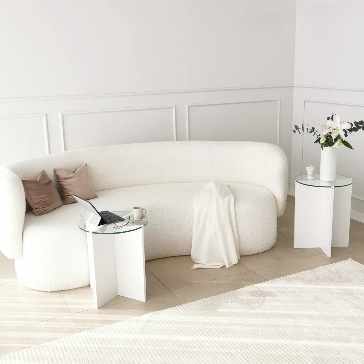 Tavolini Da Salotto > Dmora Tavolino da Salotto set 2 Pezzi Vetro Temperato Forma Rotondo 70x70x38h cm, Materiale Piano in Vetro - Genga Bianco