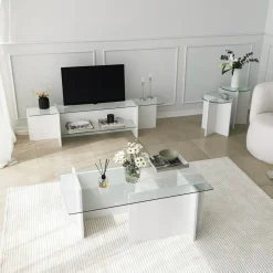 Tavolini Da Salotto > Dmora Tavolino da Salotto set 2 Pezzi Vetro Temperato Forma Rotondo 70x70x38h cm, Materiale Piano in Vetro - Genga Bianco
