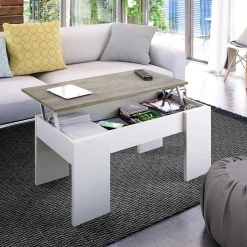 Salotto > Dmora Tavolino da salotto Dleal, 100x50h45/56 cm, Bianco e Rovere Nodi Marrone, Bianco Rovere Nodi