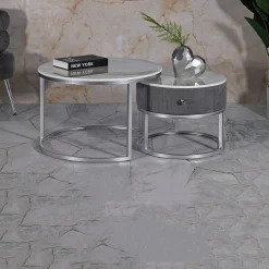 Tavolini Da Salotto > Dmora Tavolino da Salotto Grigio Argento un Cassetto Rivestimento in Tessuto Imbottito Modulabile 70x70x45h cm, un Vano - Daza Argento, Grigio
