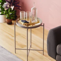 Tavolini Da Salotto > Dmora Tavolino da Salotto Forma Rotondo Materiale Piano in Metallo 46x46x56h cm, Colore Ripiano Grigio - Gombito Grigio Chiaro