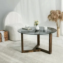 Tavolini Da Salotto|Salotto > Dmora Tavolino da Salotto Effetto Fume Forma Rotonda 75x75x40h cm, Materiale Struttura in Vetro - Luigia Grigio Noce