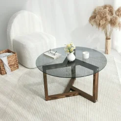 Tavolini Da Salotto|Salotto > Dmora Tavolino da Salotto Effetto Fume Forma Rotonda 75x75x40h cm, Materiale Struttura in Vetro - Luigia Grigio Noce
