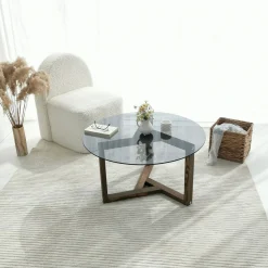 Tavolini Da Salotto|Salotto > Dmora Tavolino da Salotto Effetto Fume Forma Rotonda 75x75x40h cm, Materiale Struttura in Vetro - Luigia Grigio Noce