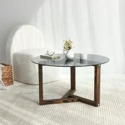 Tavolini Da Salotto|Salotto > Dmora Tavolino da Salotto Effetto Fume Forma Rotonda 75x75x40h cm, Materiale Struttura in Vetro - Luigia Grigio Noce