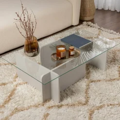 Tavolini Da Salotto > Dmora Tavolino da Salotto Portariviste Forma Rettangolare 105x65x30h cm, Materiale Piano in Vetro - Kallias Grigio