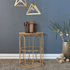 Tavolino da Salotto Marrone Effetto Rattan Forma Rotondo 40x40x55h cm, Colore Ripiano Marrone - Socotr