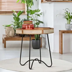 Tavolini Da Salotto > Dmora Tavolino da Salotto Marrone Nero Dettaglio Effetto Paglia di Vienna Forma Rotondo 60x60x61h cm, Colore Ripiano Marrone - Danelasa Nero, Marrone