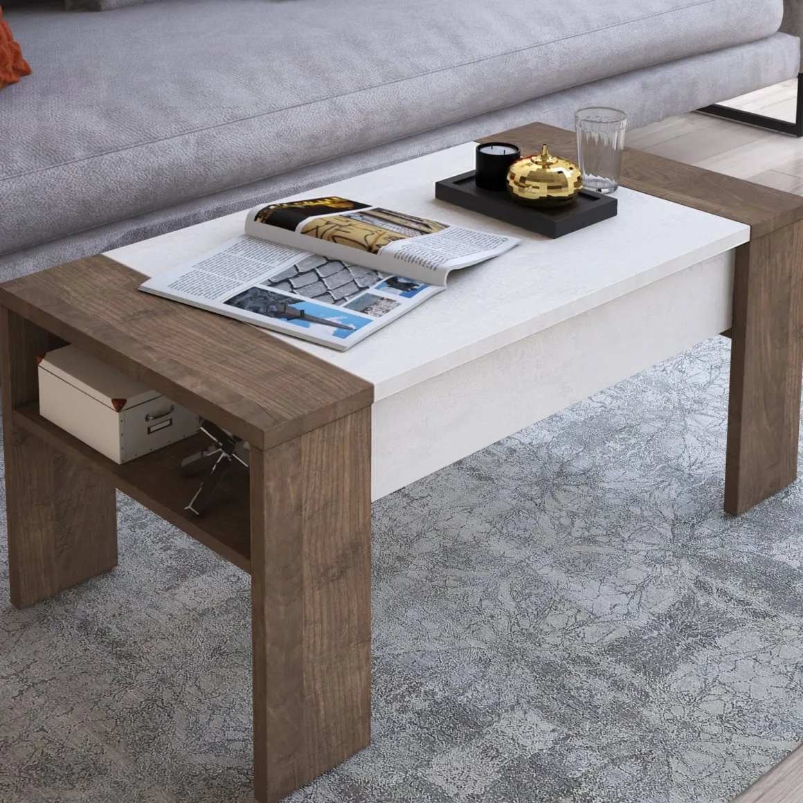 Tavolino da Salotto Marrone Noce Bianco un Vano Piano Sollevabile 98x50x43h cm, Forma Rettangolare - Corallo