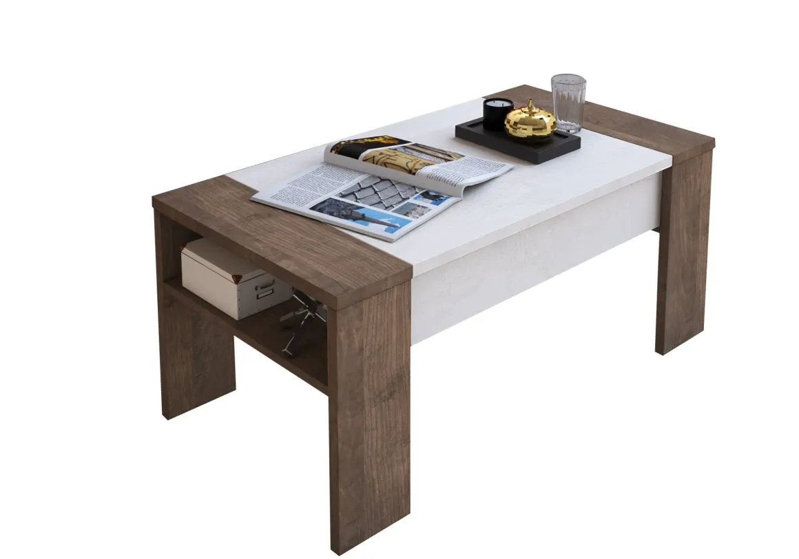 Tavolino da Salotto Marrone Noce Bianco un Vano Piano Sollevabile 98x50x43h cm, Forma Rettangolare - Corallo
